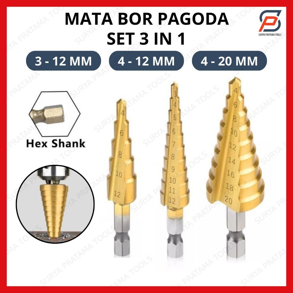 Mata Bor Pagoda Set 3 In 1 Untuk Baja Spiral Hss Kerucut Besi Titanium Coated