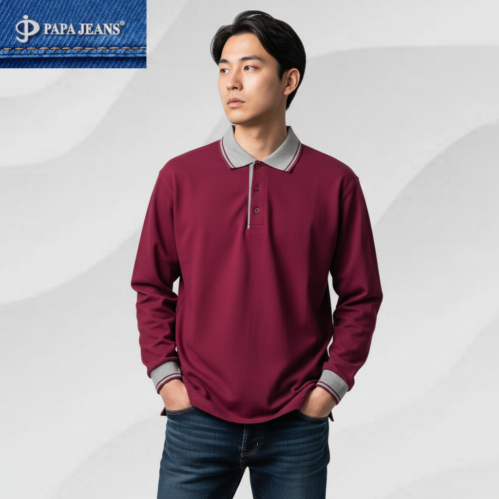 Kaos Kerah Polo Shirt Lengan Panjang Papa Jeans Magenta Krah Abu