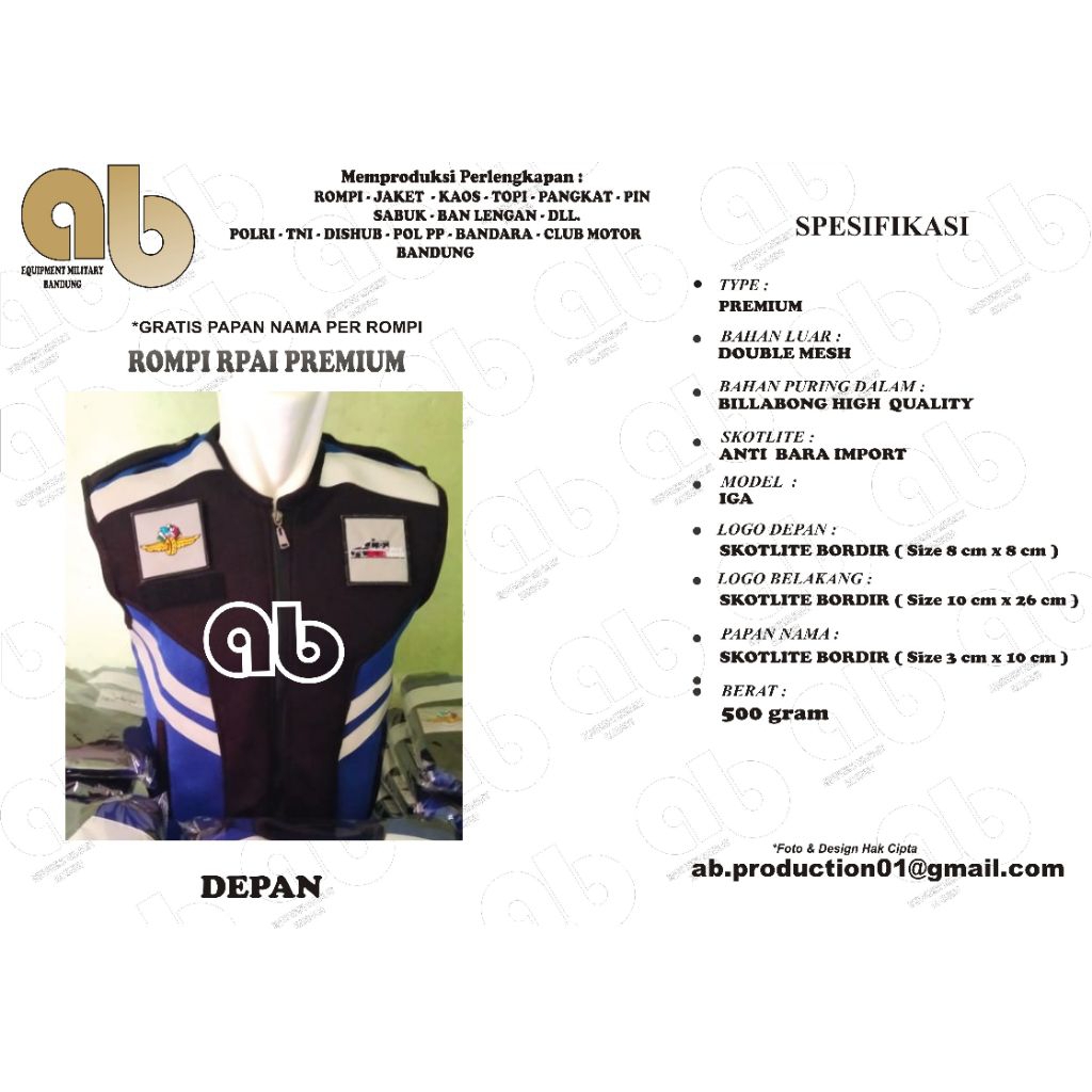 Rompi RPAI ( Relawan Patwal Ambulance Indonesia ) HITAM BIRU Premium Include 3 Logo dan Nama ( bisa 