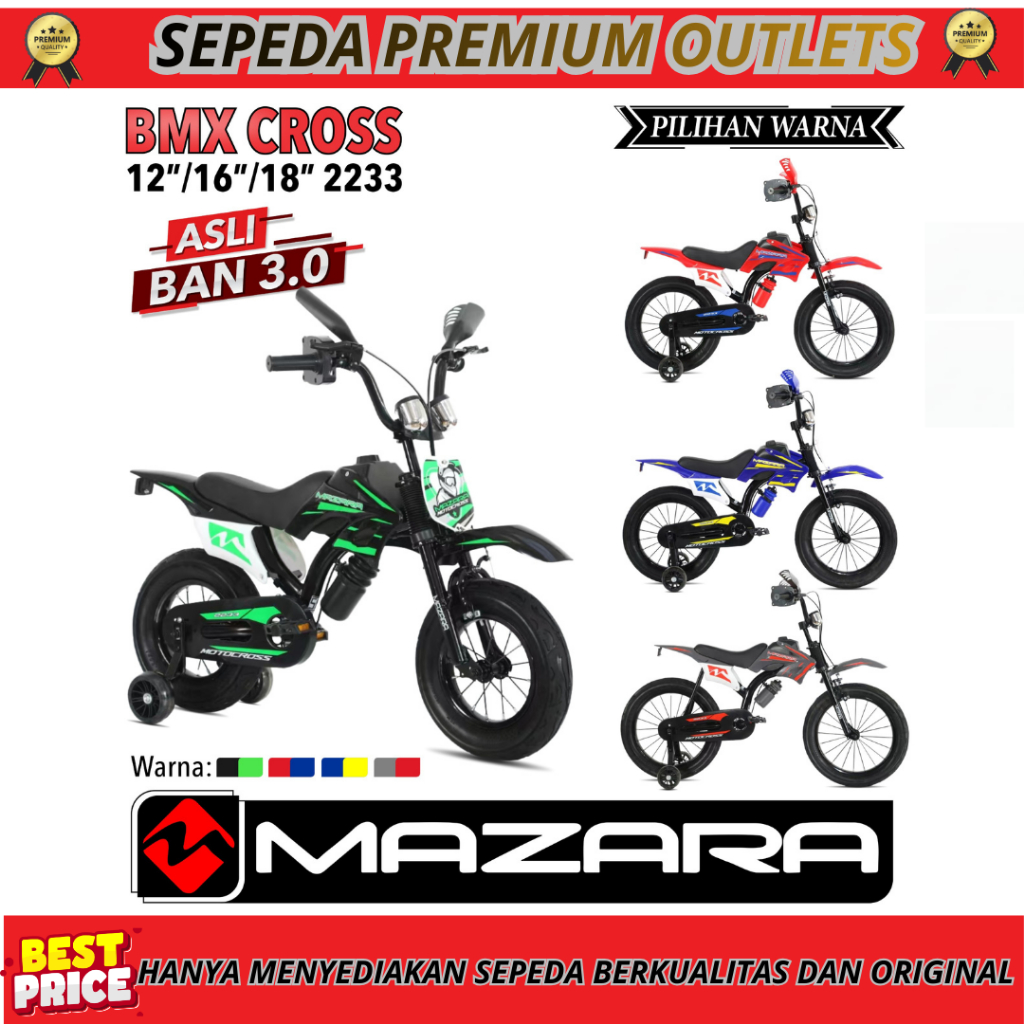 MAZARA Sepeda Anak Laki BMX MAZARA 2233 Ukuran 12, 16, dan 18 inch Motor Cross Trail Ban 3.0