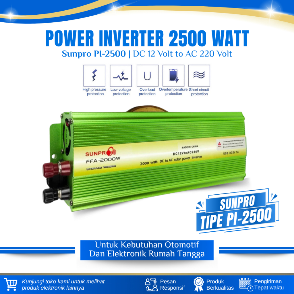 Sunpro 2500W Pure Sine Wave Car Inverter 2500 Watt Power Inverter Sunpro 2500W Pengubah Daya DC ke A