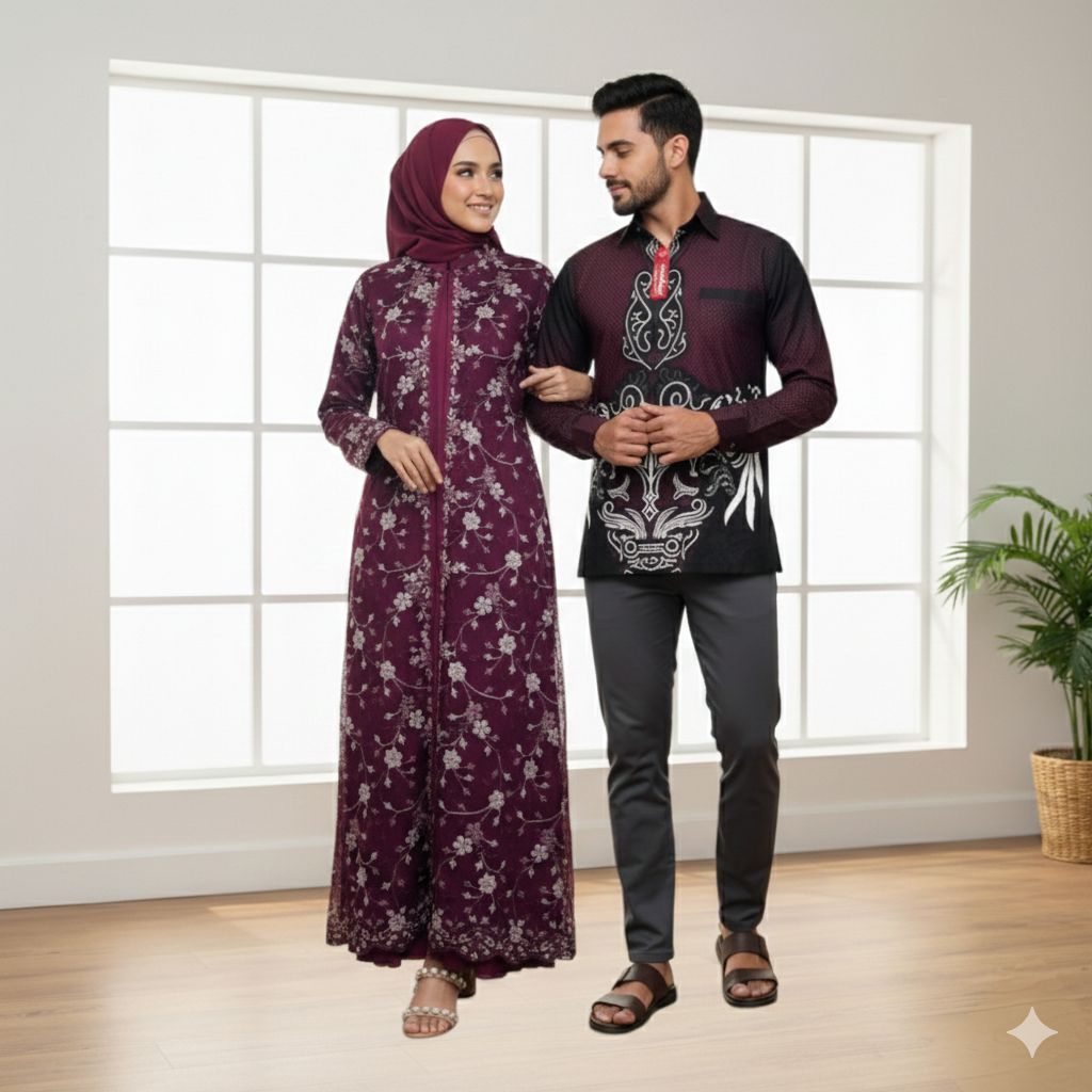 {Toko.Sky} Couple Gamis Alexa/Couple Gamis Pesta+Kemeja Batik Pria/Couple Gamis Wanita Modern