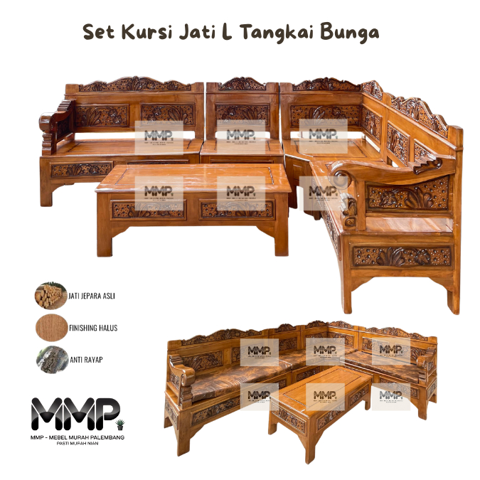 Set Kursi Sofa Jati L Tangkai Bunga | Kursi Sofa Tamu Jati Jepara Asli Murah Palembang