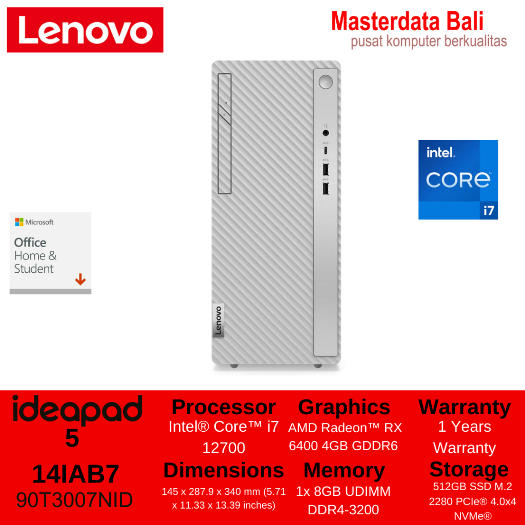 PC LENOVO DESKTOP IC5-14IAB7 (90T3008NID) CLOUD GREY : INTEL CORE I7-12700,1X8GB DDR4-3200,512GB SSD