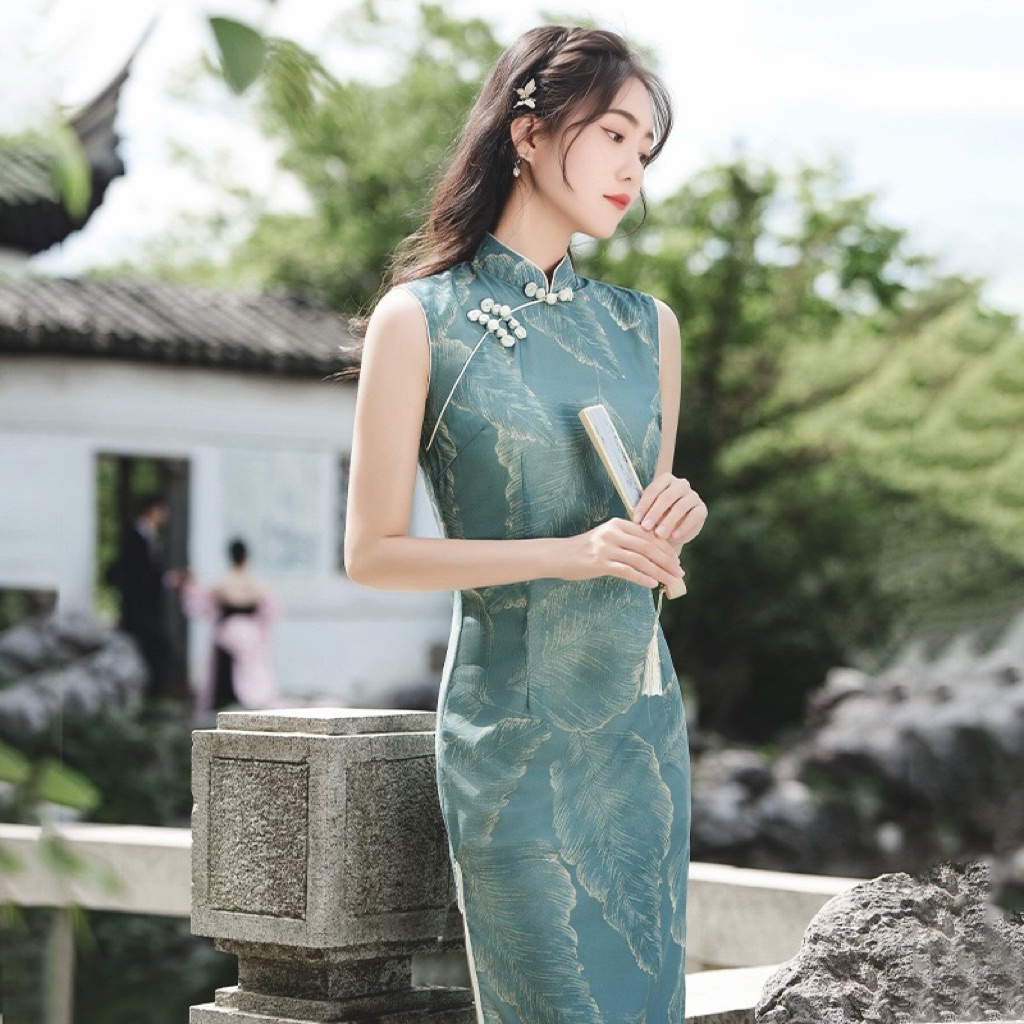 [READY STOCK] LAN YUE Cheongsam Long Dress Warna Biru Langit - Baju Qipao Wanita  Bahan Polyester Si