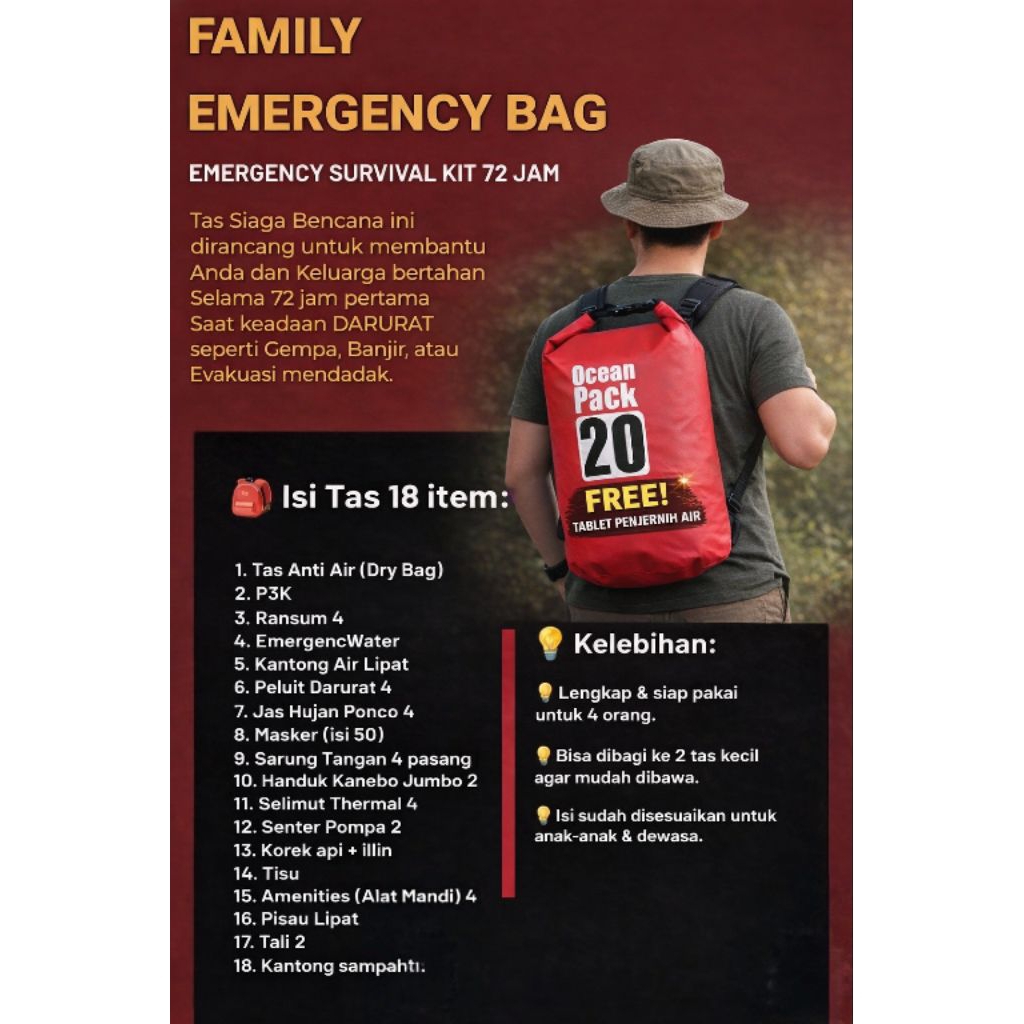 TAS SIAGA BENCANA KELUARGA / FAMILY EMERGENCY BAG / SURVIVAL KIT / PERLENGKAPAN P3K