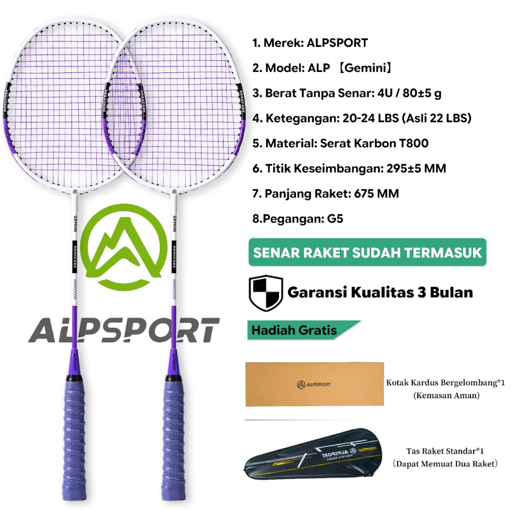ALPSPORT SZZ Set 2 Raket Bulutangkis + Tas 4U G5 Full Carbon Serat Karbon T800 22-28Lbs Senar Pegang