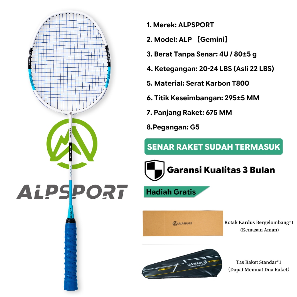 ALPSPORT SZZ Set 2 Raket Bulutangkis + Tas 4U G5 Full Carbon Serat Karbon T800 22-28LBS Senar Pegang