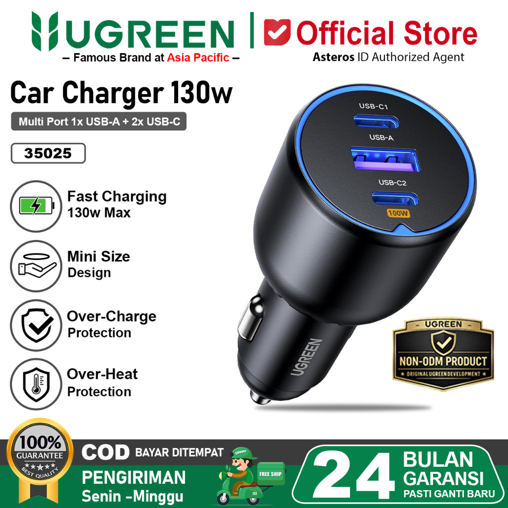 UGREEN Car Charger Mobil Multi Port USB + Type C Fast Charging 130W QC 4.0 For Phone Laptop Tablet