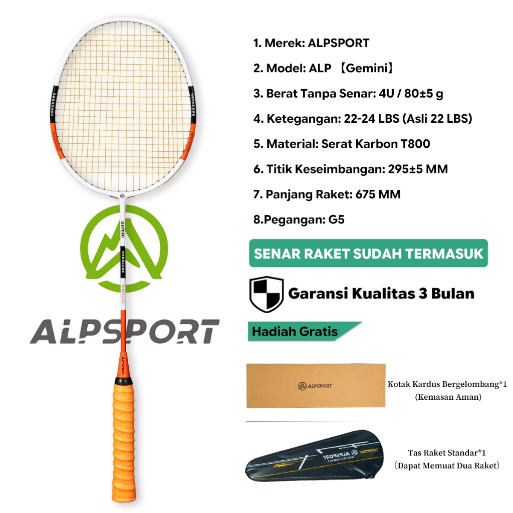 ALPSPORT SZZ Set 2 Raket Bulutangkis + Tas 4U G5 Full Carbon Serat Karbon T800 22-28LBS Senar Pegang