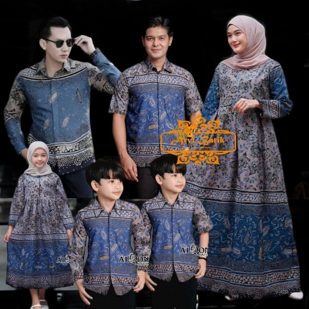 batik couple keluarga warna biru bahan adem kemeja lengan panjang, gamis, hem TERMURAH