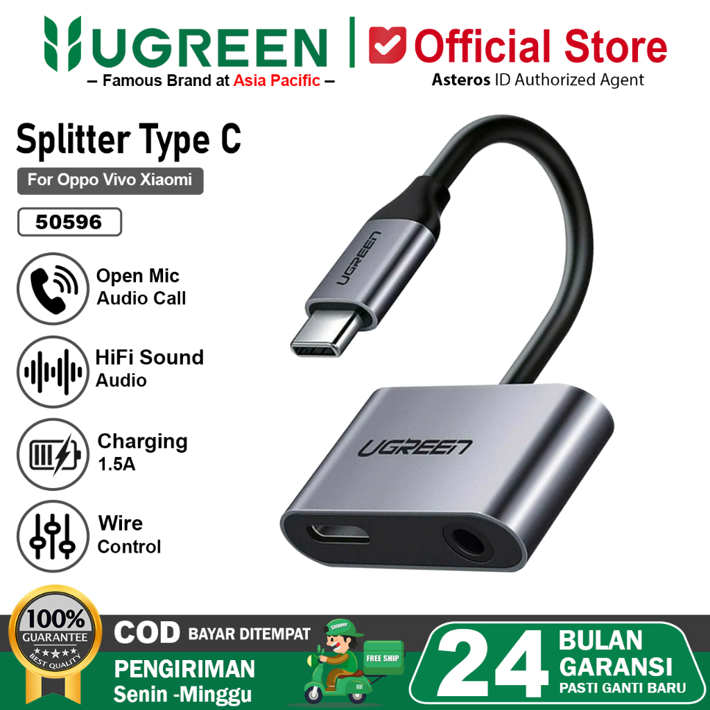 UGREEN Converter Splitter Type C to Jack 3.5mm + Type C Charging Audio Call Open Mic Game 50596