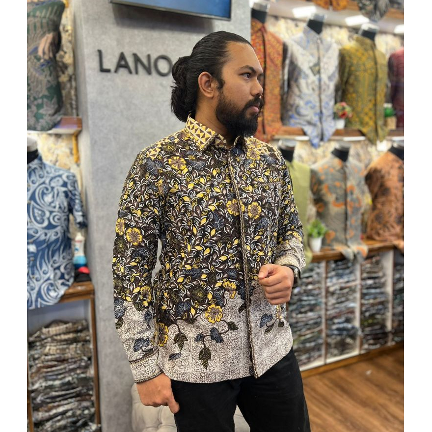 Lano Batik Semi Kemeja semi jas motif truntum kembang bahan dobby lengan panjang pria slim fit Jas M