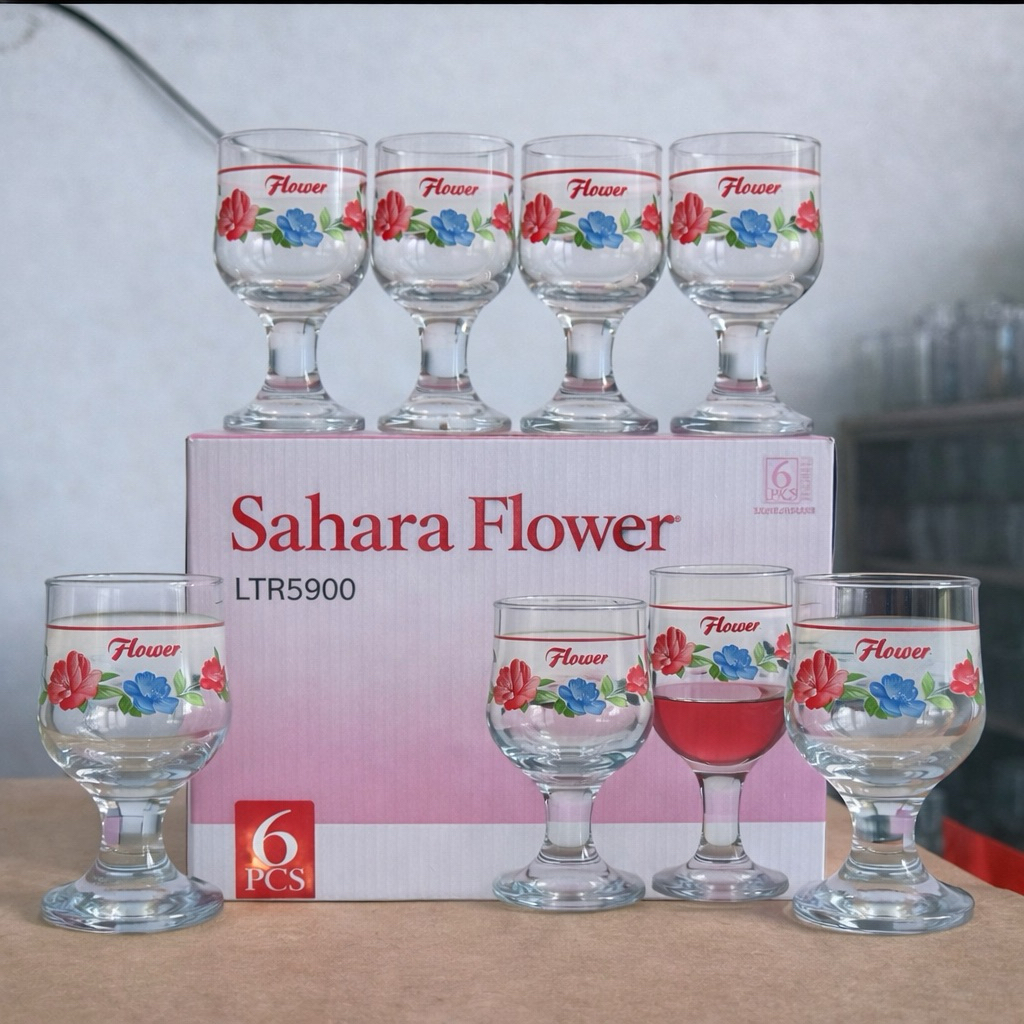 AS Gelas Kaca Sahara Flower Set 6 Pcs | Gelas Kaki Pendek Motif Bunga | Gelas Minum Cantik