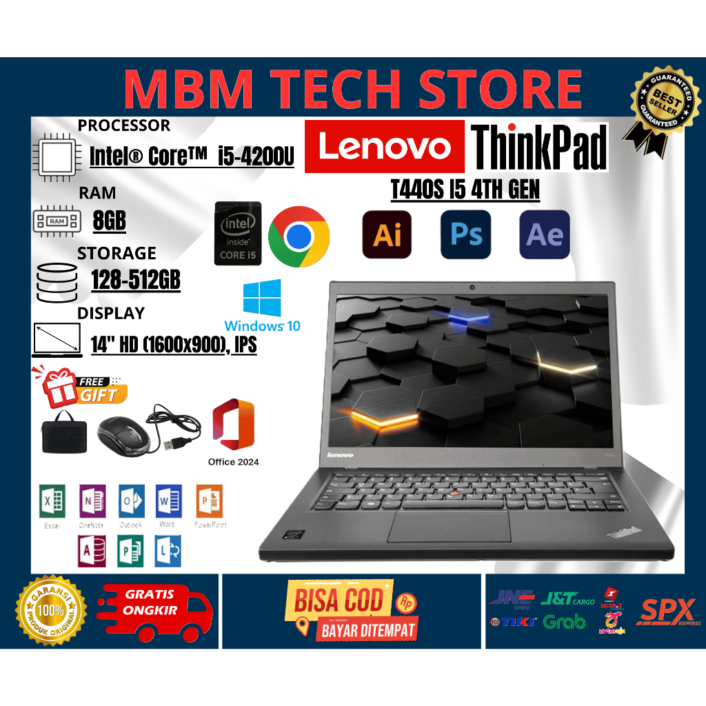 LAPTOP SLIM TOUCHSCREENLenovo ThinkPad T440S I5 4TH  8GB/512GB SSD Windows 10 FREE MOUSE & TAS