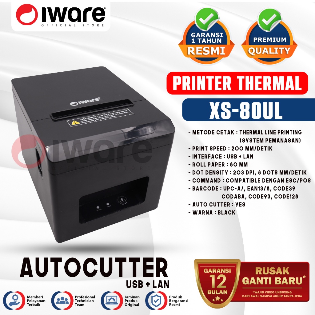 Iware Printer Thermal Kasir XS-80BT XS-80UL 80mm Autocutter RJ11 Cashdrawer X-Series