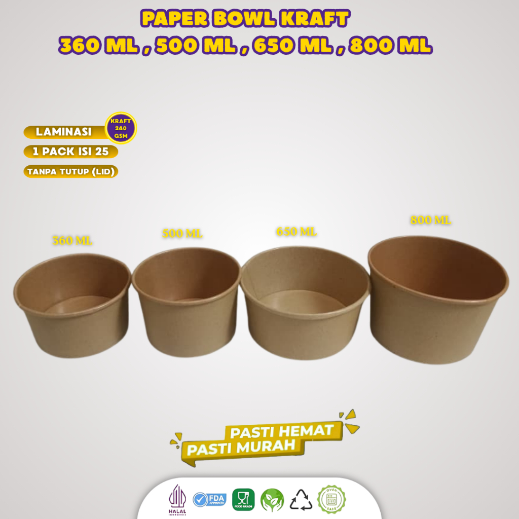 (25 Pcs) Paper Bowl 360ml Food Grade / Rice Bowl Kraft Laminasi / Paper Bowl Food Grade / Mangkuk Ke