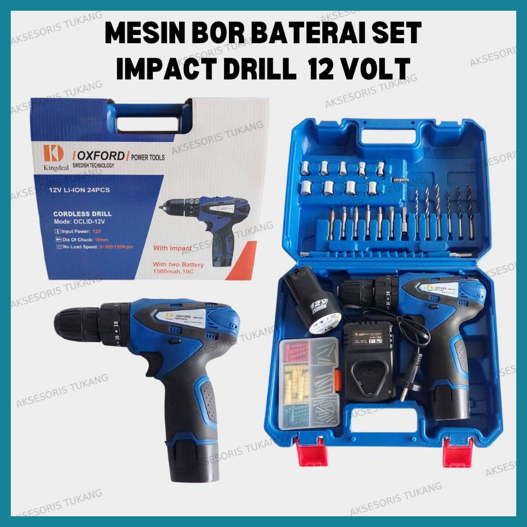 Bor Impact Cordless 12V dengan Mata Bor Set 24 Pcs dan Selang Fleksibel untuk Pekerjaan Fleksibel