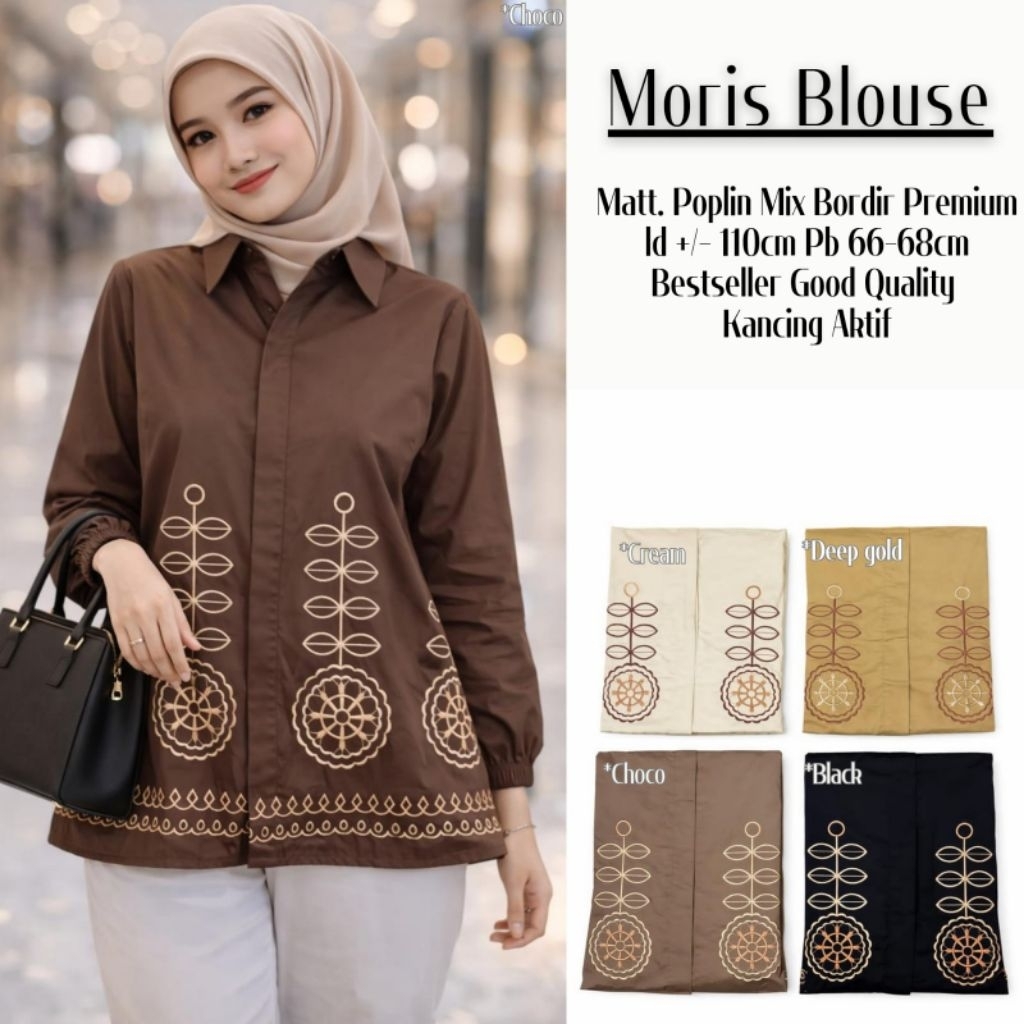 Lova Blouse Kemeja Merah Putih Wanita Motif Lengan Panjang Blouse Bordir Wanita