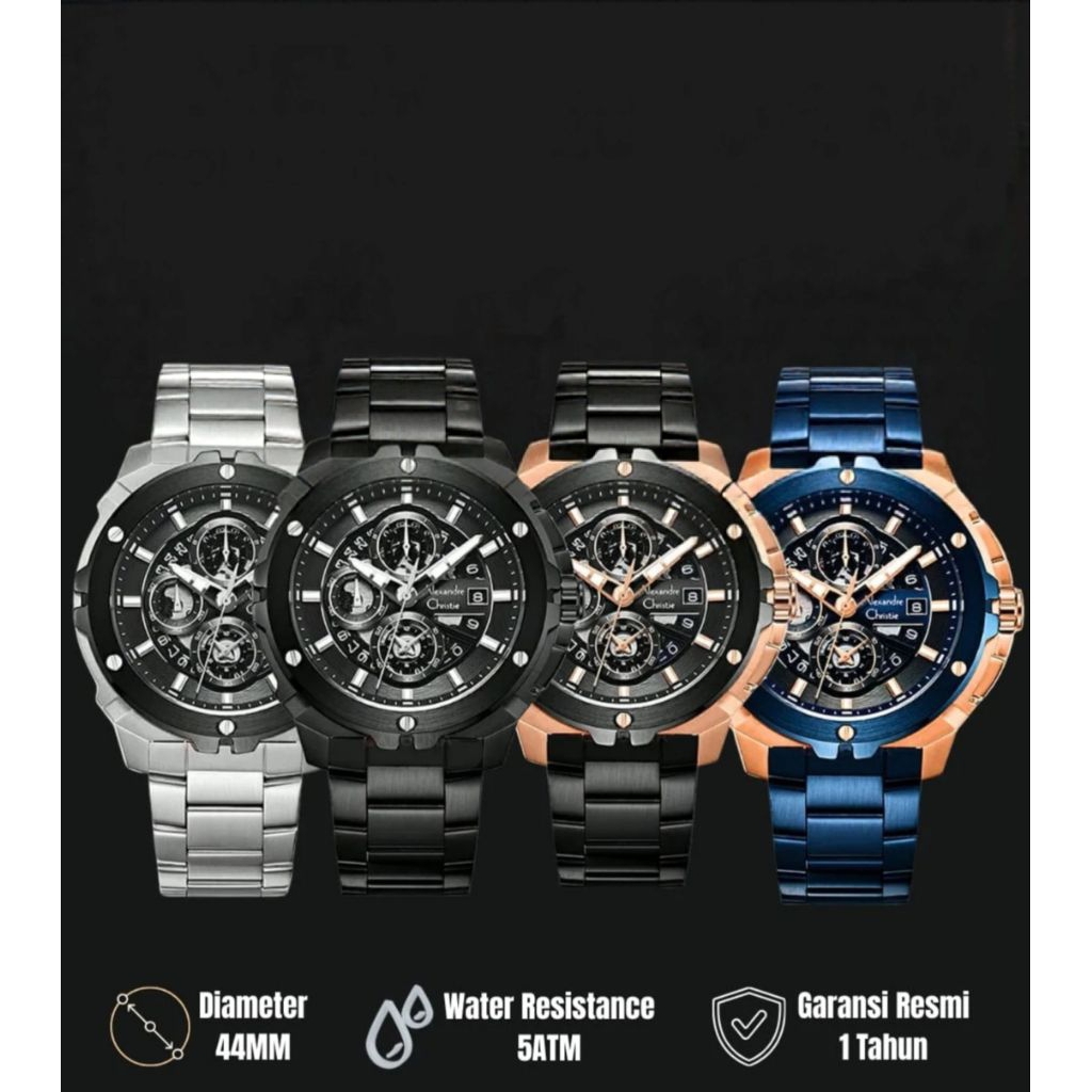 ORIGINAL GARANSI RESMI 1 TAHUN JAM TANGAN PRIA ALEXANDRE CHRISTIE COWOK CHRONOGRAPH RANTAI STAINLESS