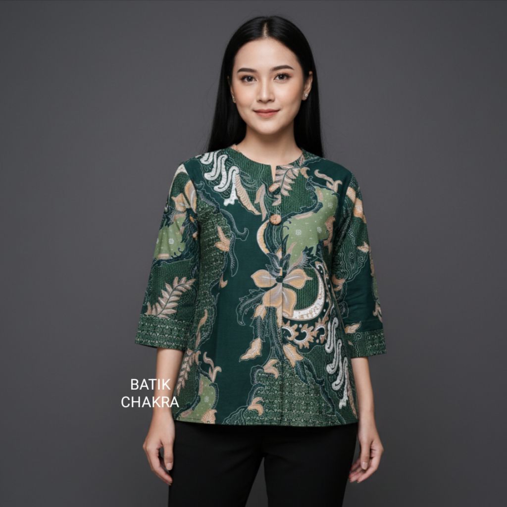 blus batik wanita modern HIJAU bahan katun lapis full trikot