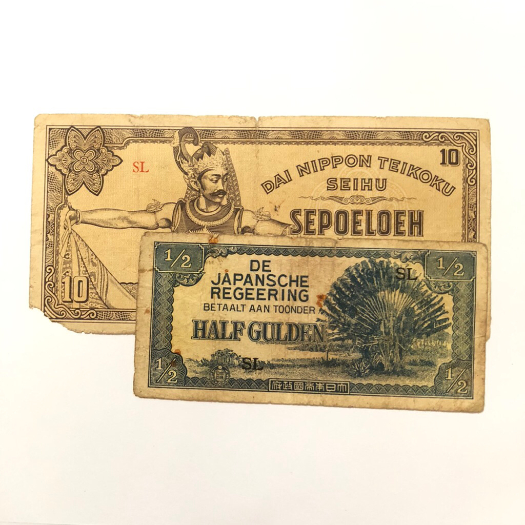 Uang Kertas Kuno 10 Rupiah Tahun 1943 dan setengah gulden DJR Era penjajahan Jepang Original