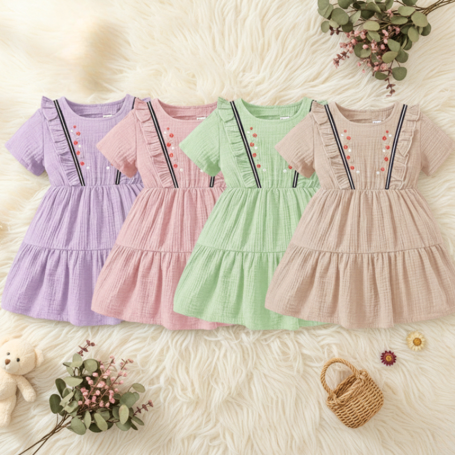 Outbox Fashion Dress Anak Perempuan Korea Style Gaun Anak Harian Simple Motif Bunga Bordir Elisk