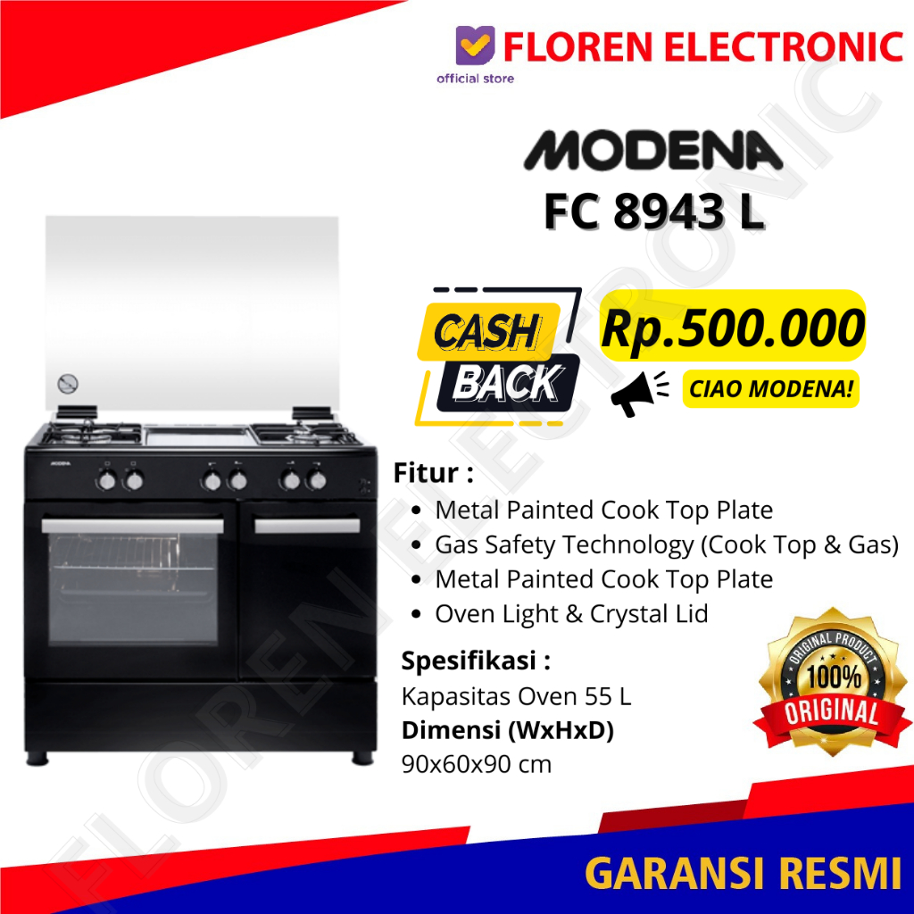 Modena kompor Freestanding FC 8943L FC 8943 L 4 tungku 90 cm Hitam BARANG BARU DAN SEGEL MURAH GARAN