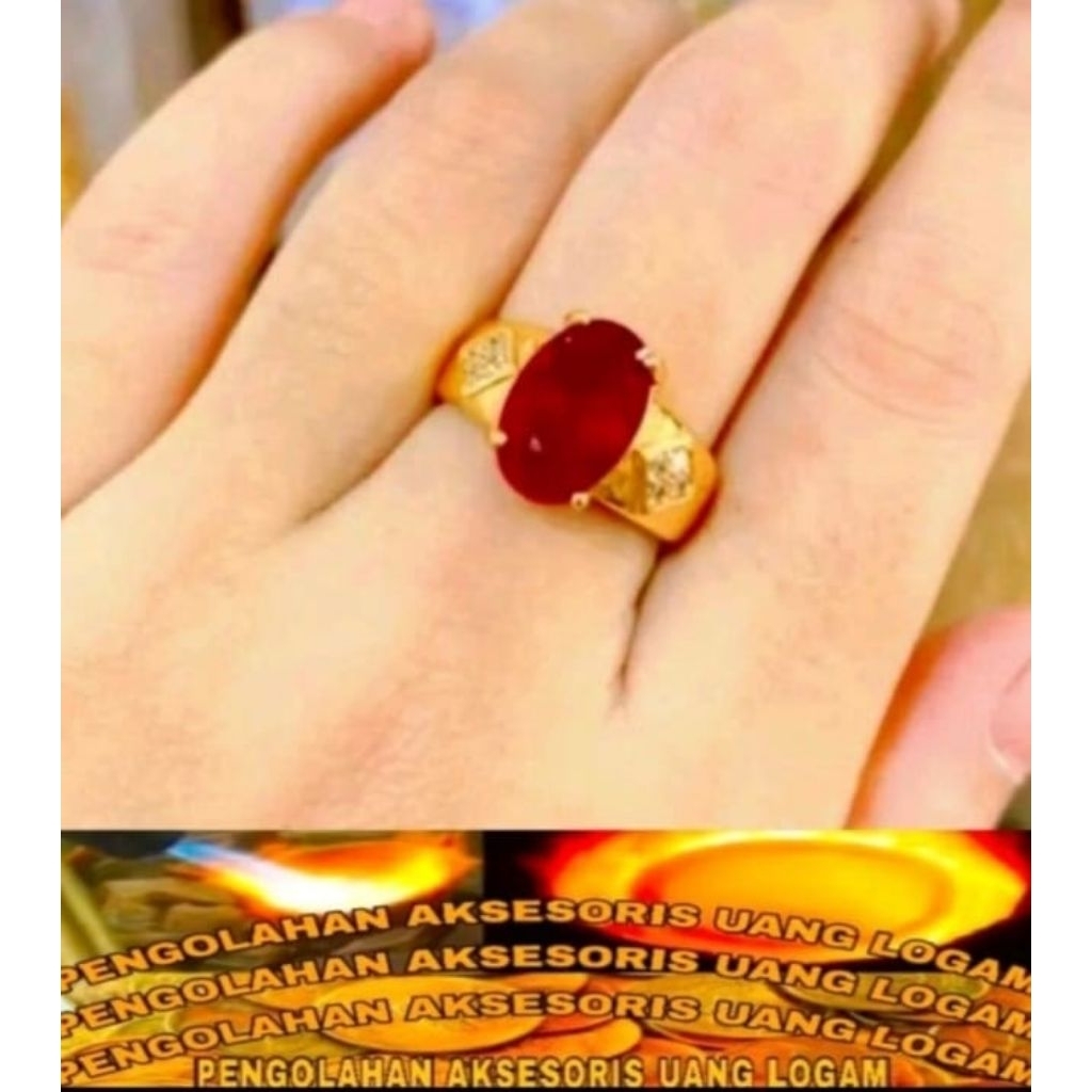 cincin dewasa batu merah terbuat dari bahan koin asli