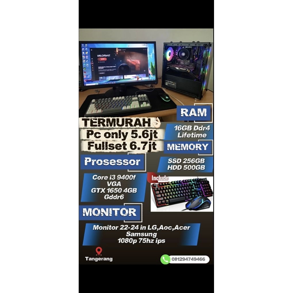 TERMURAH PC Fullset Pc Rakitan Editing Pc Murah core i3 9400f 3.70Ghz Ram 16GB Gtx 1650 4GB Gddr6 no