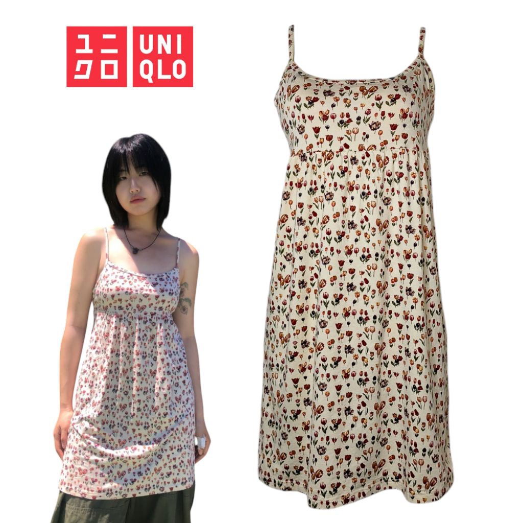 UNIQLO Tulip Print Cotton Dress Adjustable Sleeveless with Cup Bra Y2K Size Small L
