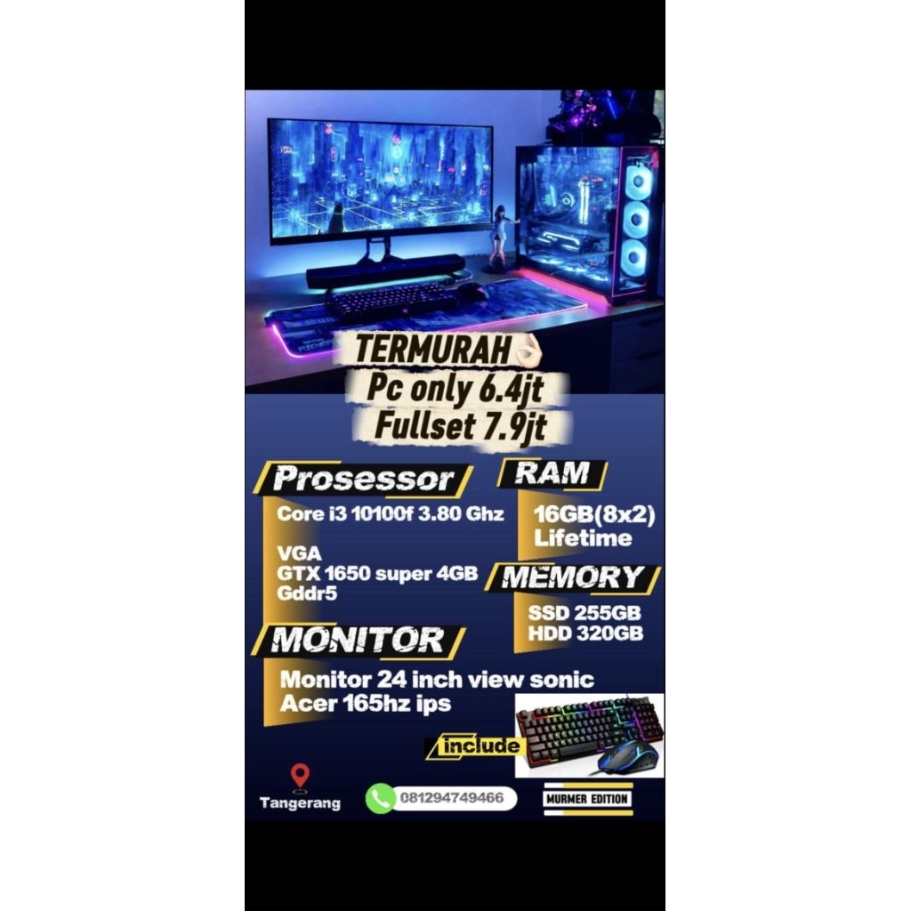 TERMURAH PC Fullset Pc Rakitan Editing Pc Murah core i3 10100 3.80Ghz Ram 16GB GTX 1650 Super 4GB Gd