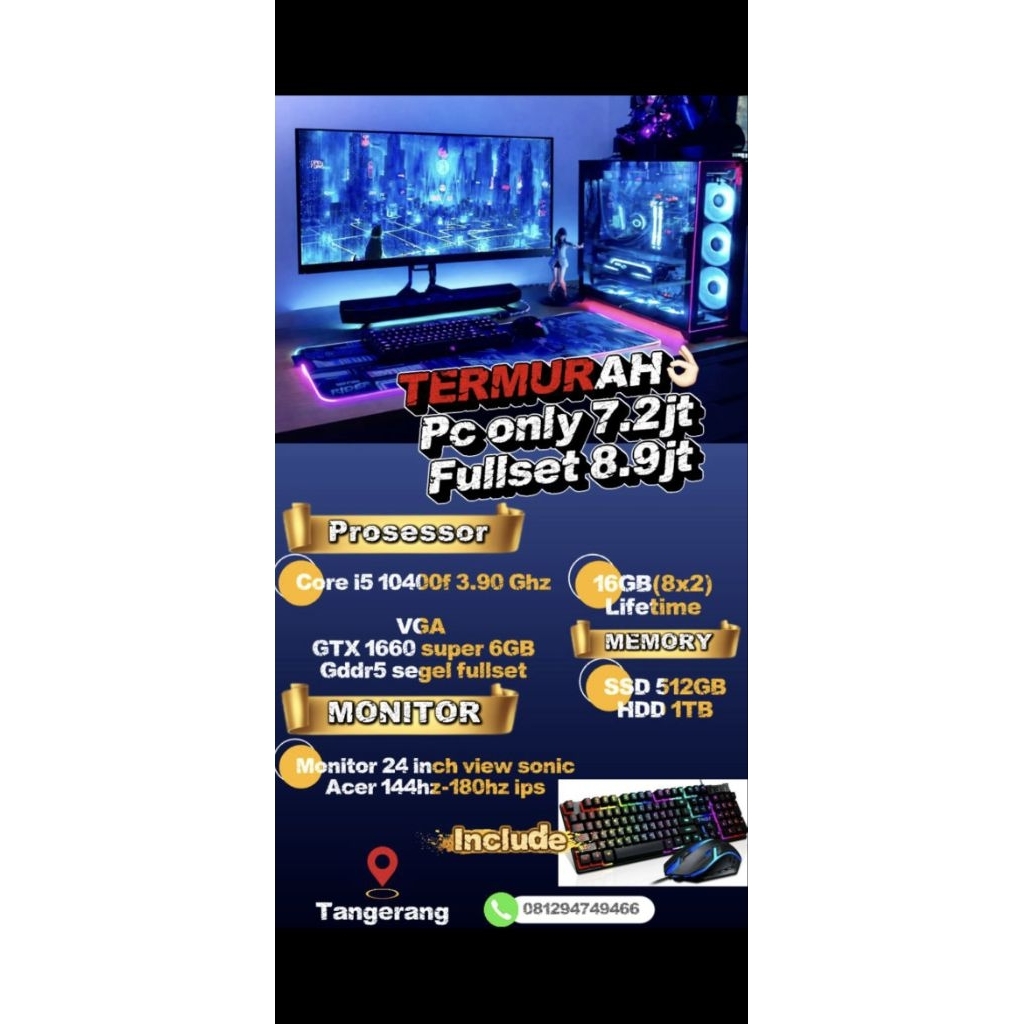 TERMURAH PC Fullset Pc Rakitan Editing Pc Murah core i5 10400f 3.90Ghz Ram 16GB GTX 1660 Super 6GB G