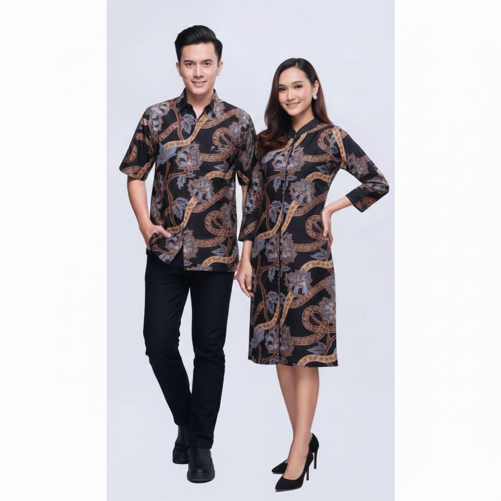 Set Couple Batik Amalia Premium - Baju Batik Pasangan Modern Lengan Pendek & Tunik Dress