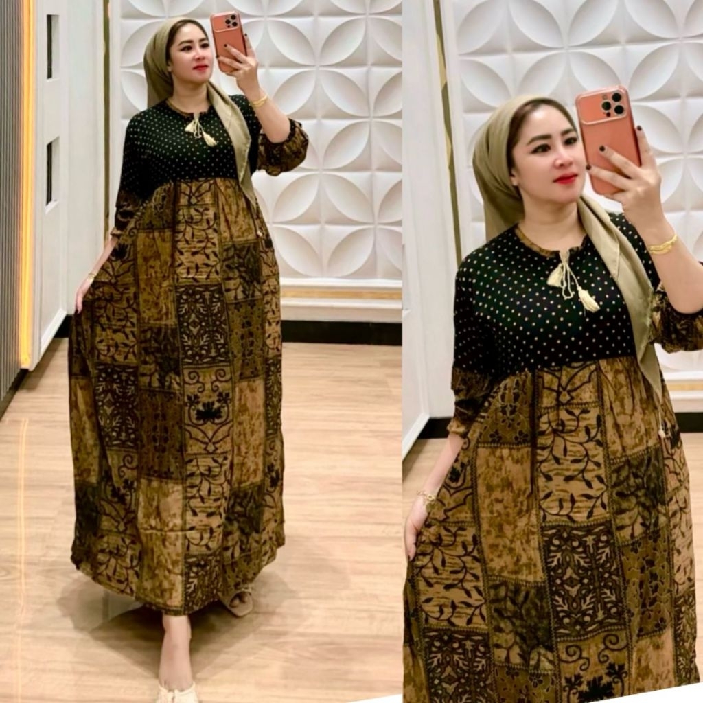 daster panjang motif polkadot bahan rayon tuwil