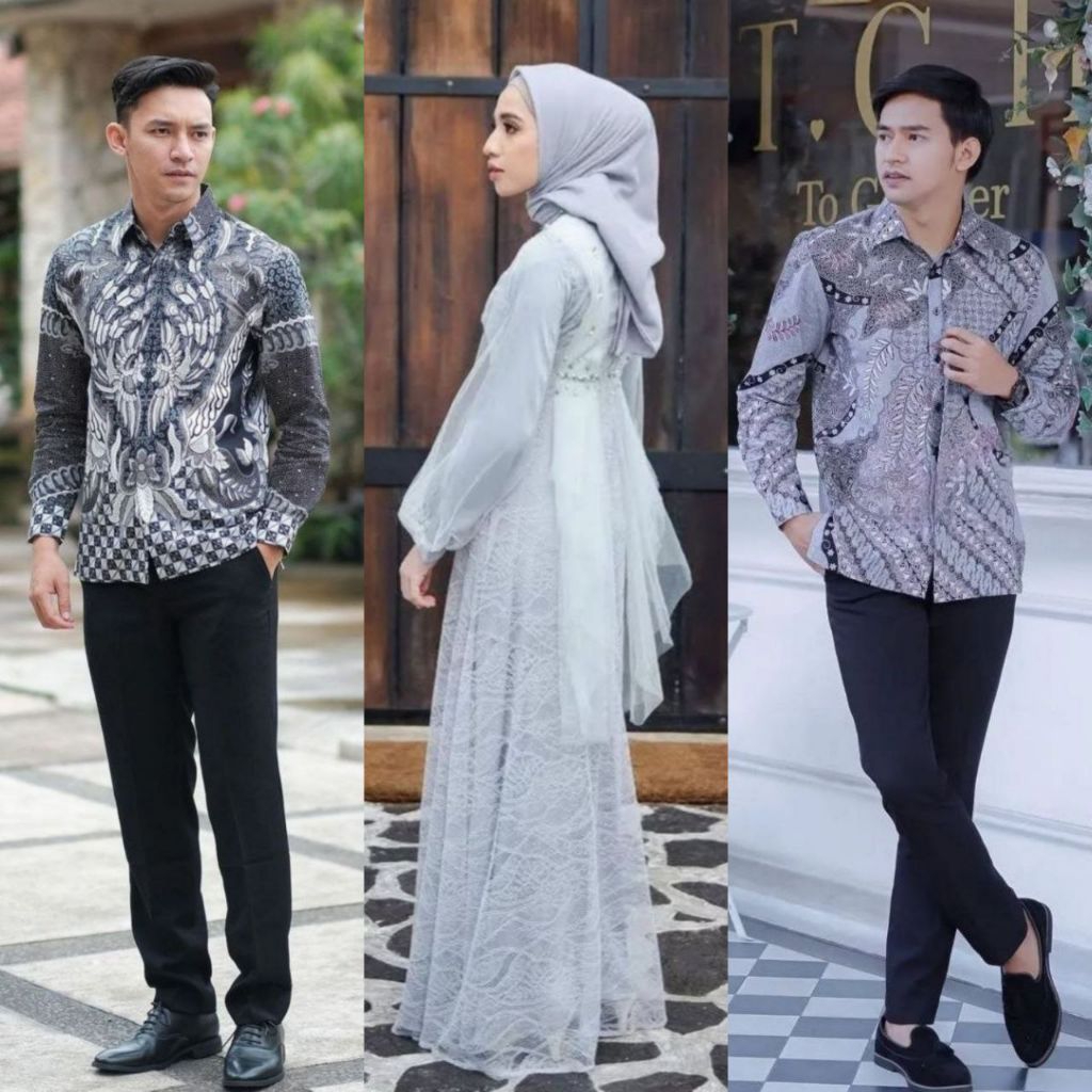 SET NADINE DRESS SILVER ORI COUPLE KEMEJA PREMIUM / CUSTOM ANAK & JUMBO / BAJU SERAGAM BATIK PASANGA