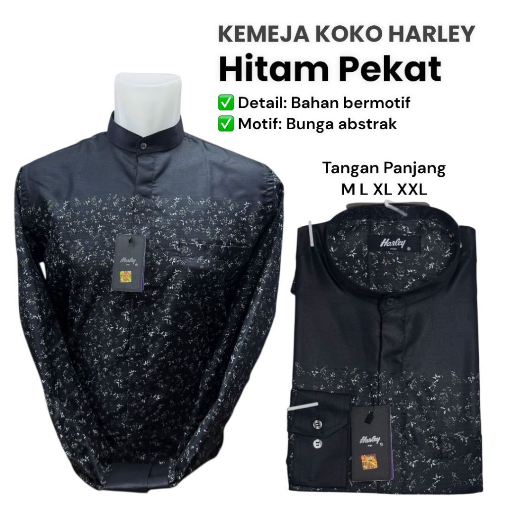 kemeja Koko kemko Harley lengan panjang warna hitam original terbaru baju muslim pria terbaru