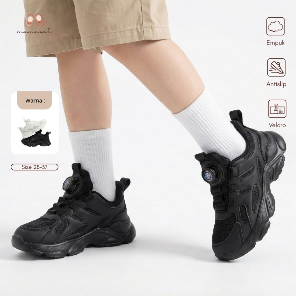 MAMASOL Sepatu Sneakers Anak Remaja Unisex Chunky Sport School Dial Putar Anti Slip, Sol Tebal Empuk