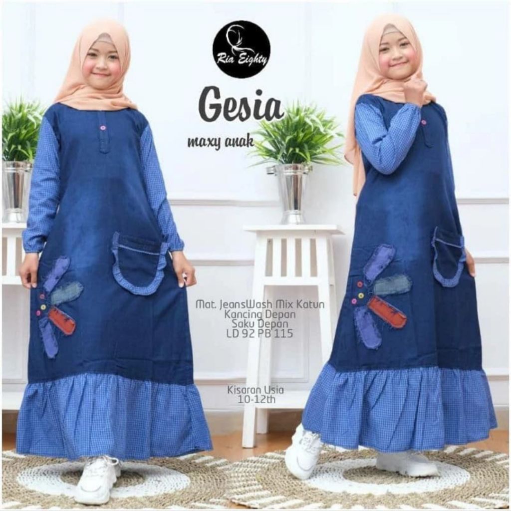 Gamis Anak Perempuan 7 - 12 Tahun Jeans Wash Mix Katun Dress Anak Cewek Bergambar Baju Anak Modern