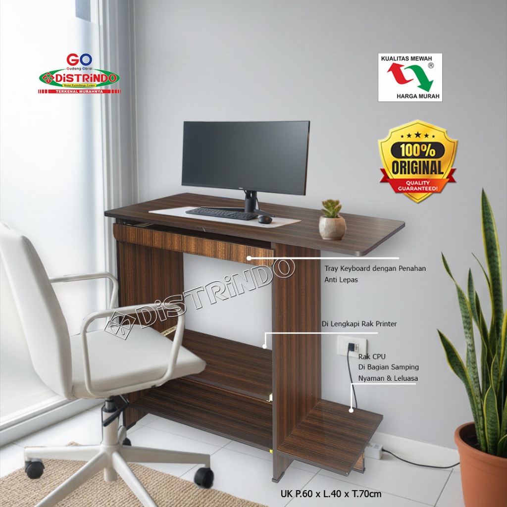 DISTRINDO Meja Komputer / Meja Laptop dengan Laci Keyboard + Rak Printer CPU