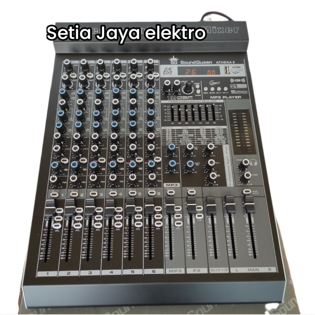 MIXER AUDIO SOUNDQUEEN ATHENA 8 MIXER 8 CHANNEL 199 DSP DENGAN 7 BAND EQUALIZER BLUETOOTH USB INTERF