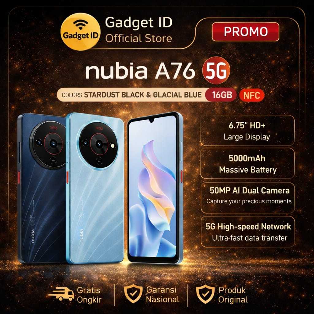 Handphone nubia A76 5G NFC ROM 128GB RAM 16GB (8+8GB) Smartphone Kamera AI 50MP Layar 6.75" 90Hz Liv