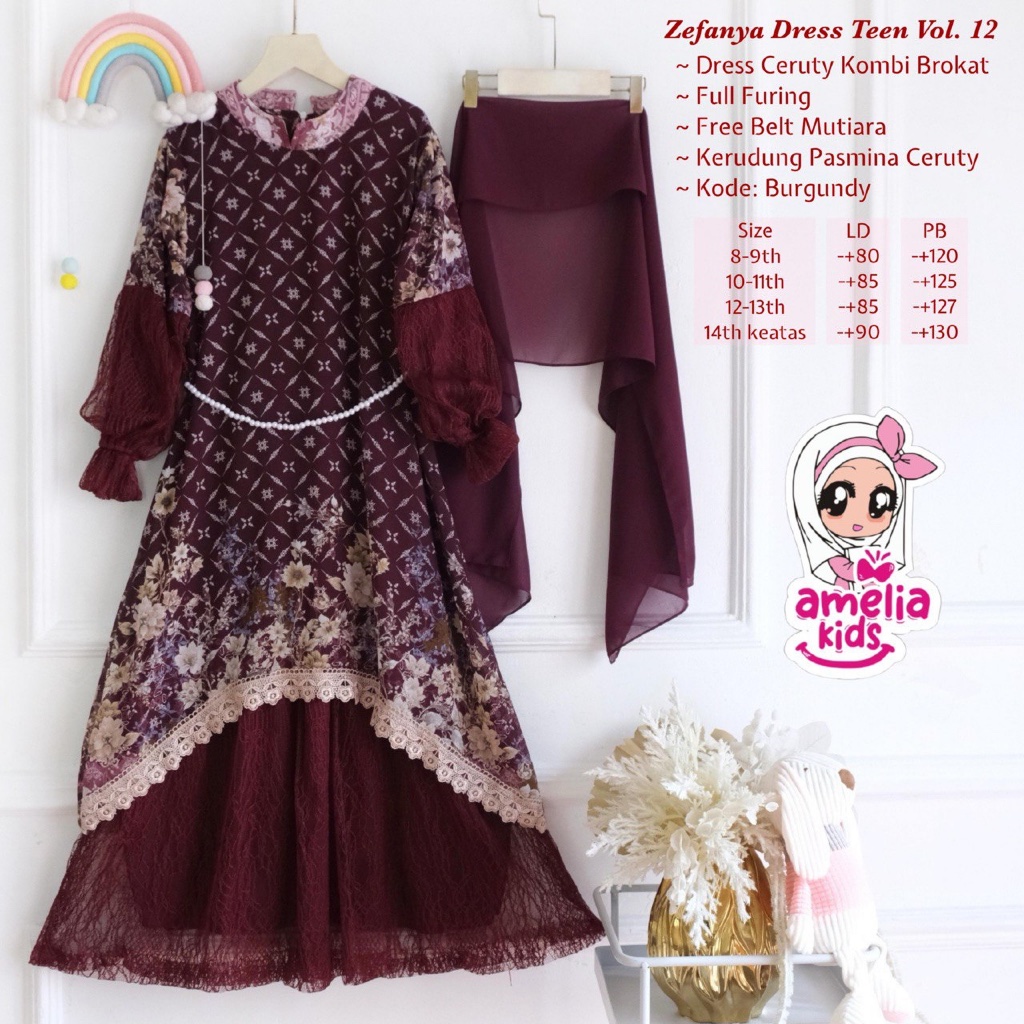 Calinda | Zefanya - Dress Gamis Tile Brokat Anak Remaja Perempuan by Amelia Kids