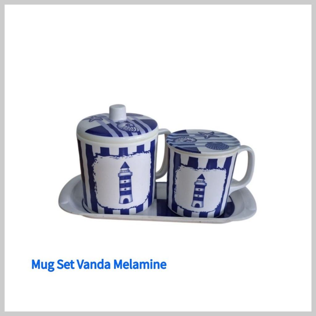 Mug Set Vanda Melamine Motif Mercusuar Biru - Set Cangkir Tutup & Nampan