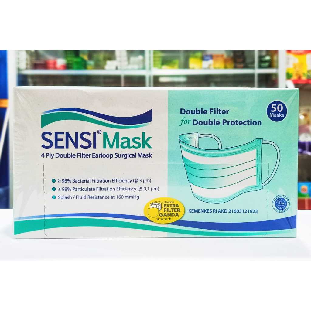 SENSI MASK 4PLY DOUBLE FILTER EARLOOP SURGICAL MASK (1 KOTAK ISI @50 PCS) - MASKER MEDIS/NON-MEDIS