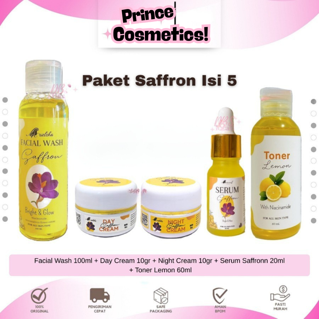 Paket Saffron 5in1 Perawatan Wajah Glowing Day & Night Cream Toner Pelicin Serum Saffron Facial Wash