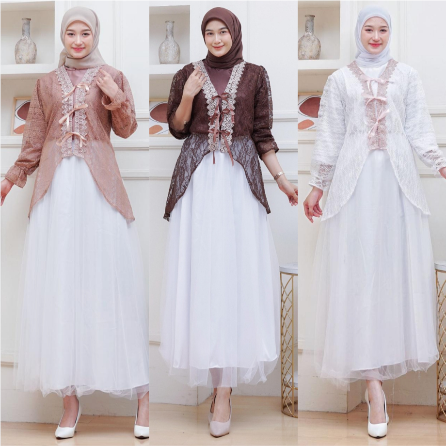 Wiza Dres Set inner Outer Dan Rok Tutu Rok Brokat Moeslimwear Gamis Muslim Wanita Lebaran Kondangan