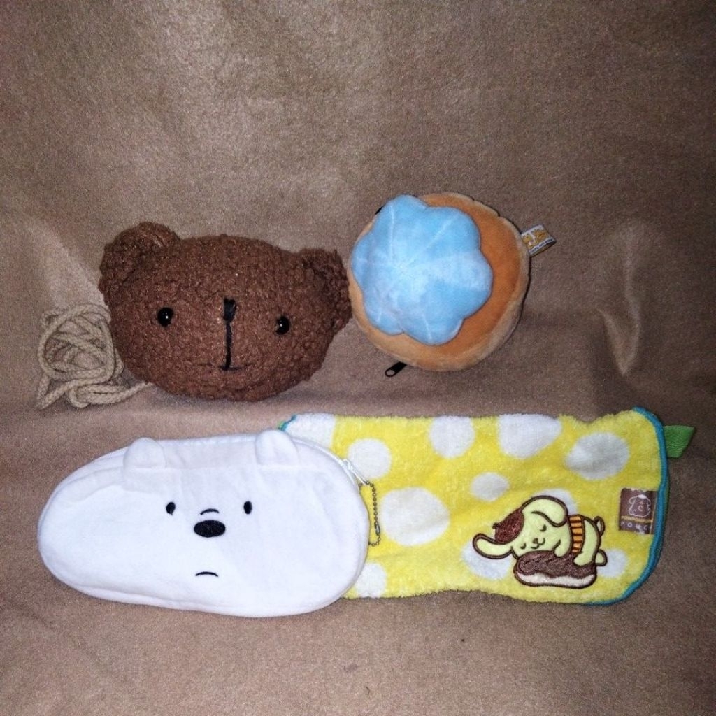 Tas teddy coklat,pouch pompurin sanrio, dompet kue jadul, dompet wbb