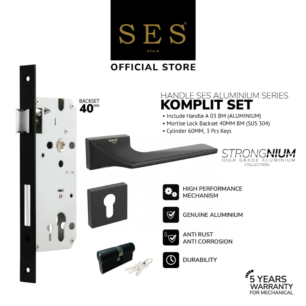Gagang Pintu Set - Handle Pintu SES Aluminium A03 BM + Body Kunci SES ECO E2030 - 40mm BM