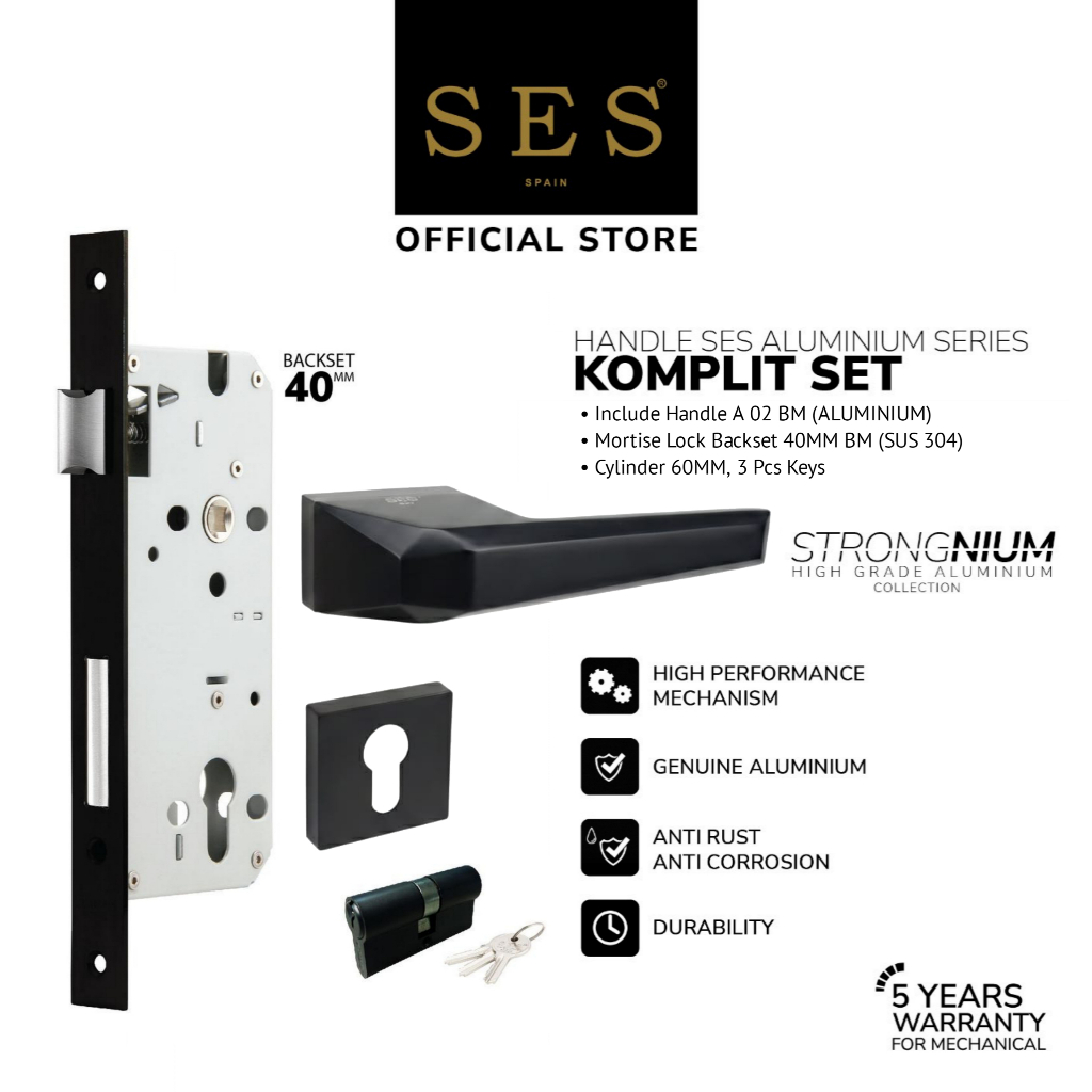 Gagang Pintu Set - Handle Pintu SES Aluminium A02 BM + Body Kunci SES ECO E2030 - 40mm BM